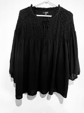 a.n.a Black Smocked Peasant Tunic with Tie Neck